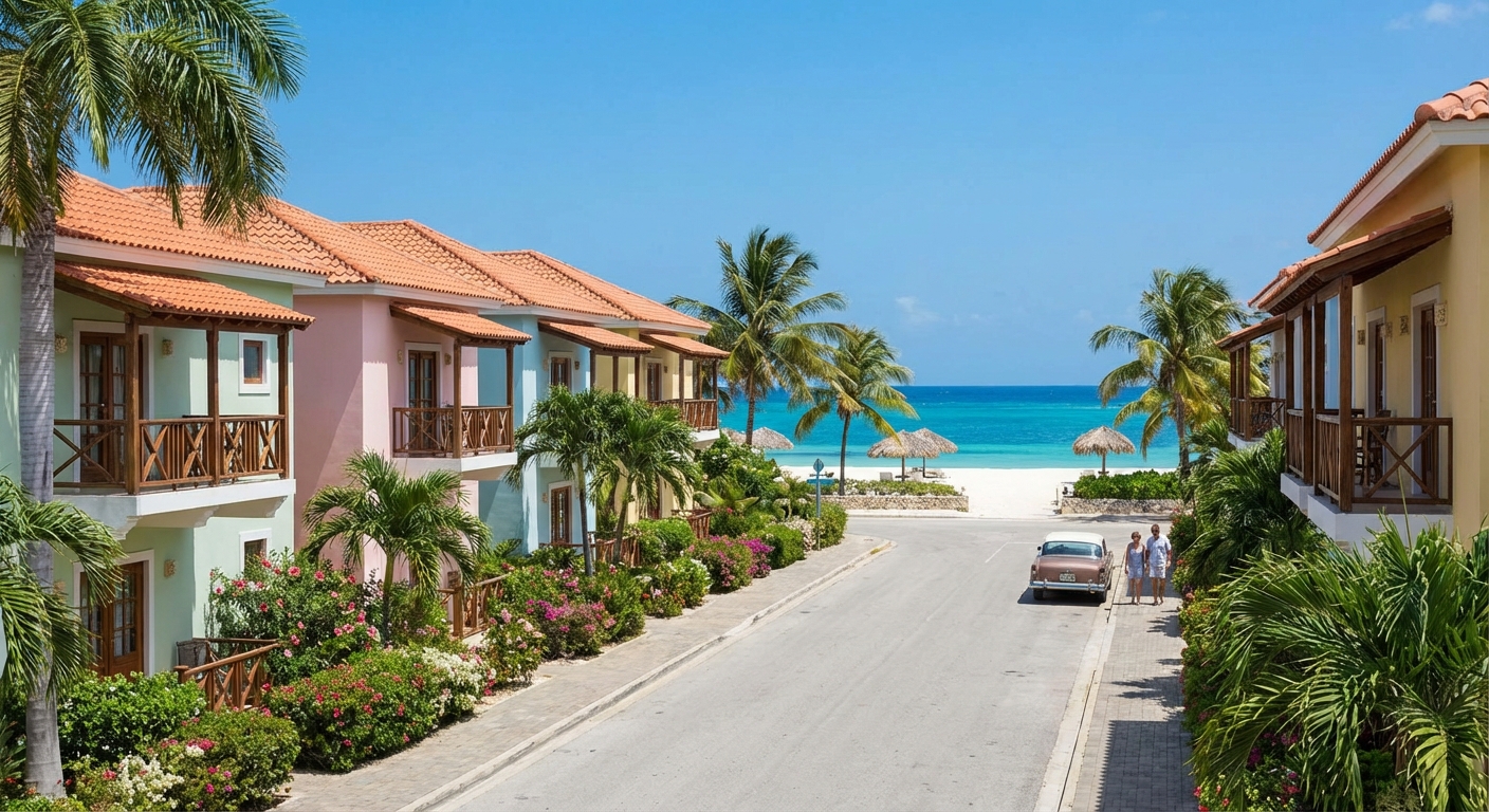 Low-rise boutique hotel area near Eagle Beach Aruba