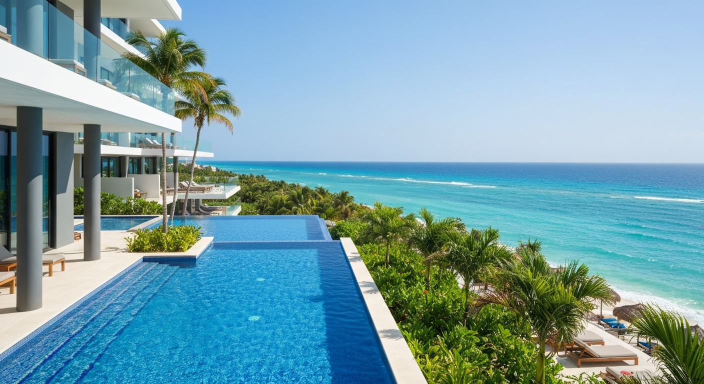 Resort pool overlooking the Caribbean Sea in Cancun Riviera Maya