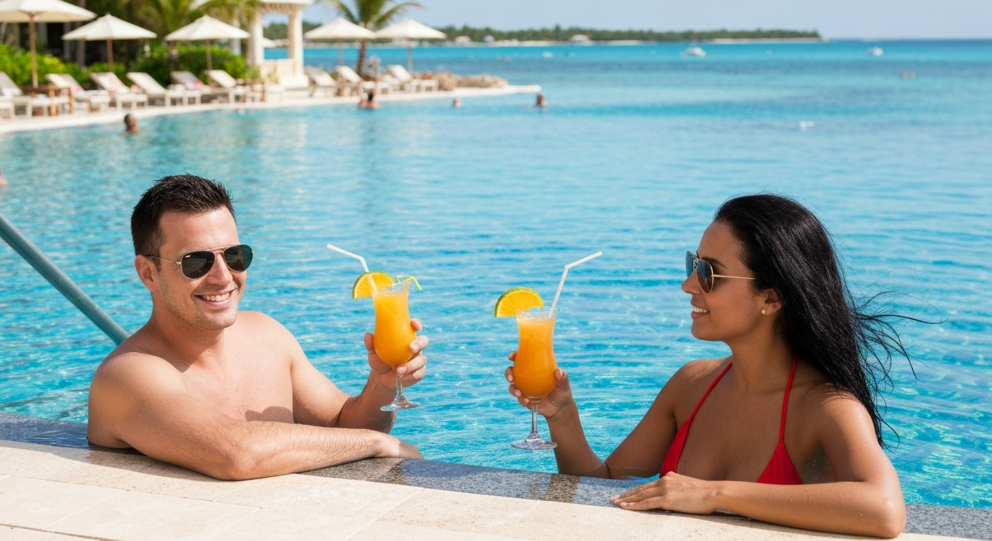 Couple relaxing at poolside bar with tropical drinks on Caribbean vacation