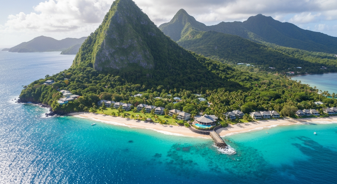 Lush green volcanic island with boutique resort on beach in Antigua and St Lucia