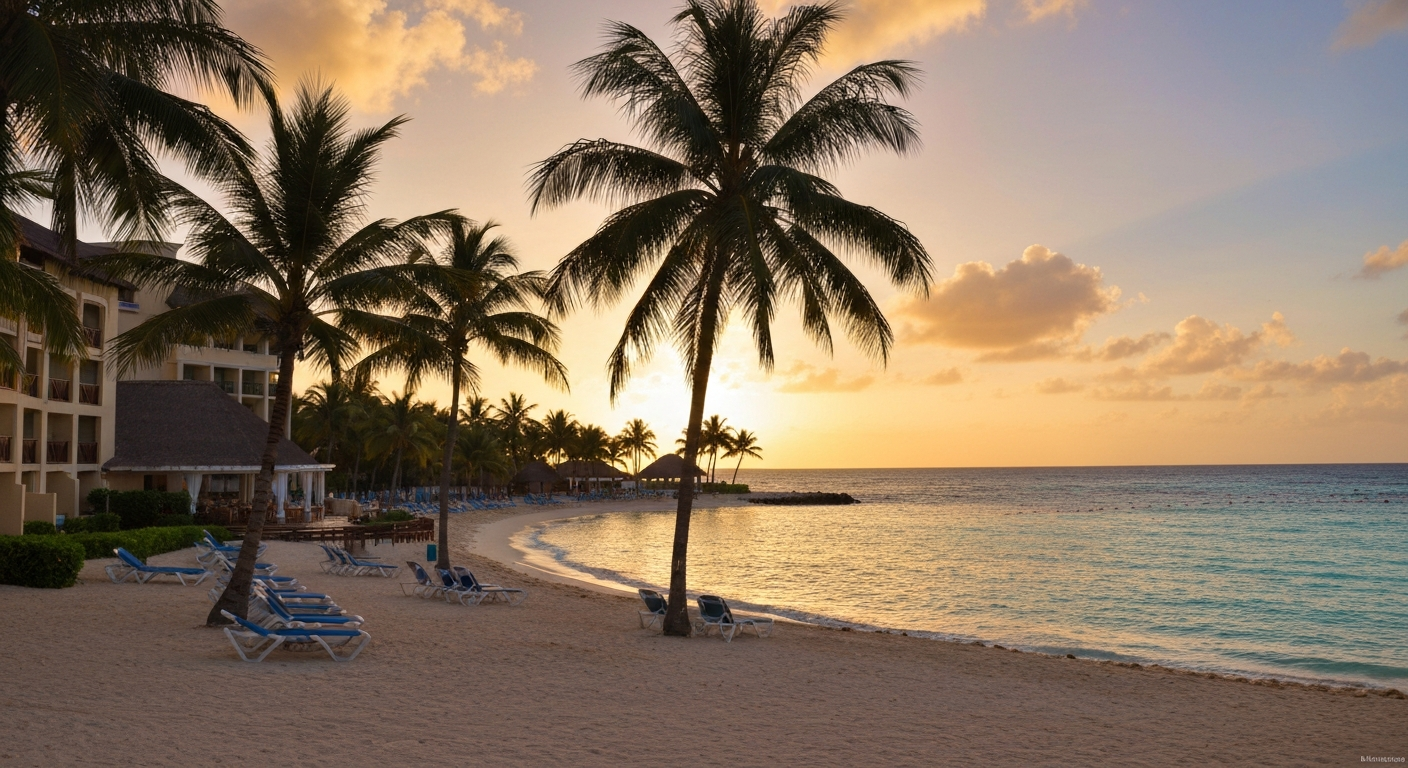 Negril beach resort in Jamaica with turquoise water and romantic sunset