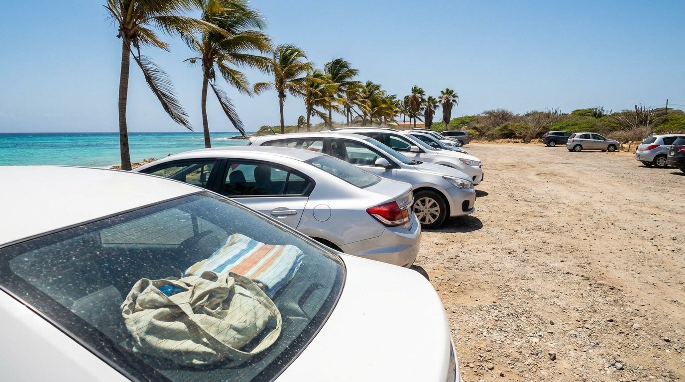graph of a sun bright gravel parking area beside a Caribbean beach in Aruba at midday