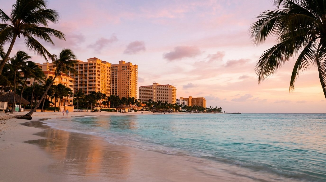 graph of the Palm Beach resort strip in Aruba at golden sunset hour