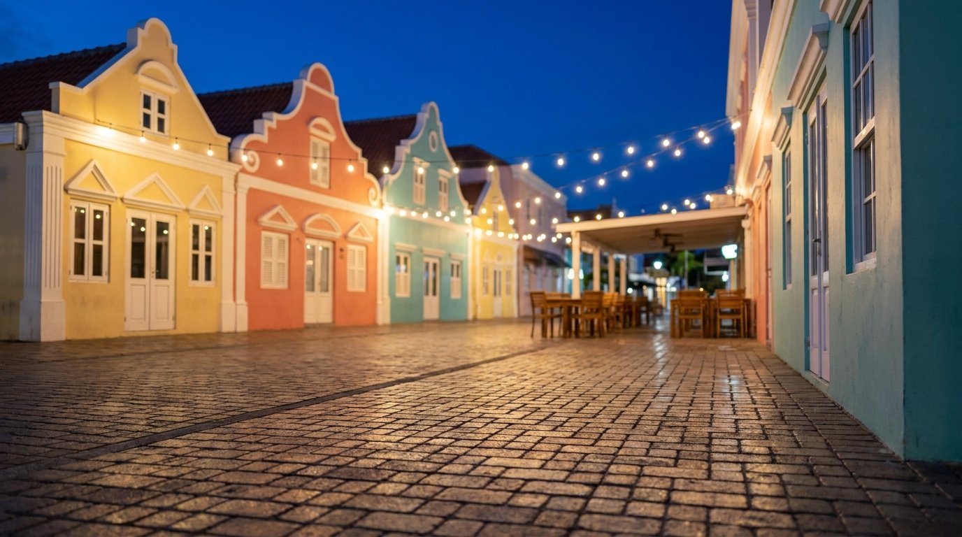 graph of a quiet pastel colored colonial style street in Oranjestad